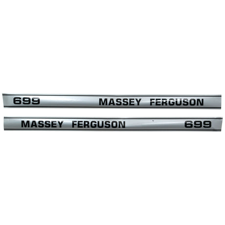 Two metal labels displaying "MASSEY FERGUSON 699" in black text on a silver background, part of the Sparex Decal Set (Sparex Part No.S.41203).