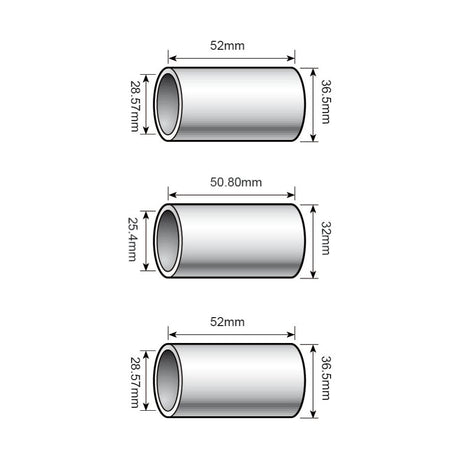 Diagram showing three cylindrical tubes, all conforming to Sparex standards, with the following dimensions: The top tube measures 52mm x 28.57mm, the middle tube is 50.80mm x 25.4mm, and the bottom tube measures 52mm x 28.57mm, each with a length of 36.5mm. These are identified as Top and Lower Link Conversion Bushes (Cat. 3 to 2) (3 pcs. Agripak) - S.4121 by Sparex.
