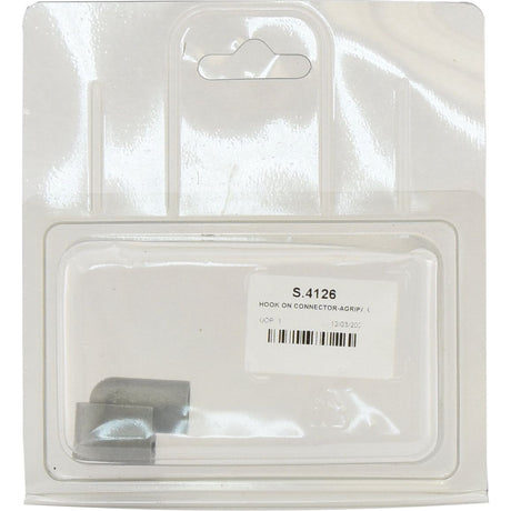 A small metal connector is packaged in a clear plastic container with a hang tag. The label reads "S.4126 HOOK ON CONNECTOR-AGRIPAK," featuring Sparex's reliable Hook-On Connector for easy application.