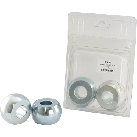 Two Sparex Lower Link Balls (Cat. 2/1) - S.4127 and two round metal washers (ID 7/8'', OD 2 1/4'') are placed next to clear plastic packaging with an Agripak label.