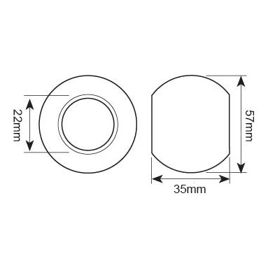 Technical drawing of the Lower Link Ball (Cat. 2/1) - S.4127 by Sparex, illustrating its front and side views. The front view denotes a diameter of 22mm, whereas the side view exhibits dimensions of 57mm in height and 35mm in width. Additionally, the object presents an OD of 2 1/4" and an ID of 7/8".