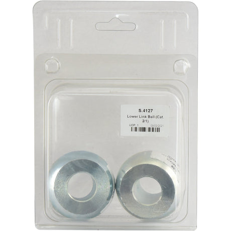 A Sparex plastic package, part of the Agripak series, contains two metal lower link ball bearings labeled "Lower Link Ball (Cat. 2/1) - S.4127" and specifies dimensions: ID 7/8'', OD 2 1/4''.