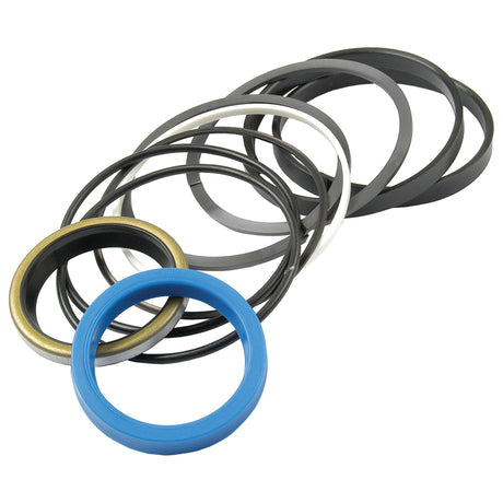 A collection of various sizes and types of rubber and metal seals, featuring a prominent blue ring, arranged in a scattered pattern, is ideal for Bucket Ram repairs on Massey Ferguson tractors. This is the Seal Kit (Bucket Ram) by Sparex, Part No. S.41286.