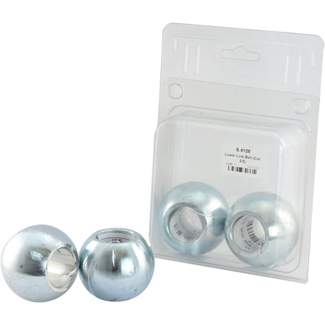 Two silver metallic spherical objects, each with an outer diameter of 2 1/4 inches and a width of 1 3/4 inches, are positioned in front of a plastic packaged product containing two similar Lower Link Balls (Cat. 2/2) - S.4128 with visible labeling from the brand Sparex on the package.