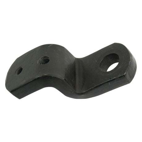 The Drawbar Clevis by Sparex (Sparex Part No. S.41292) is a versatile black metal bracket featuring three holes of varying sizes, strategically oriented in different directions for optimal fastening, making it ideal for use with Massey Ferguson machinery. The clevis has an overall length of 195mm and a section size of 25x80mm.