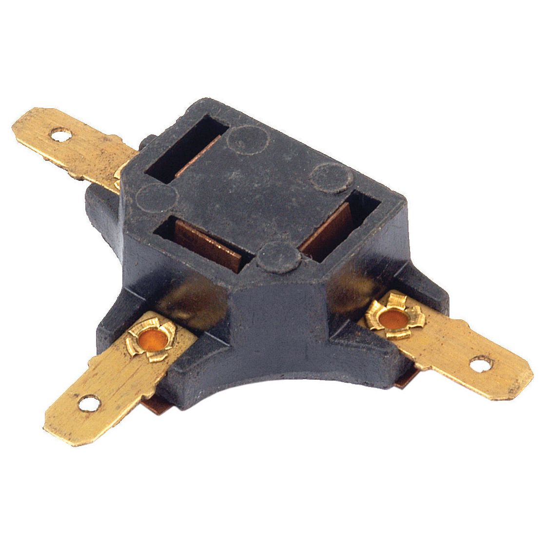 Introducing the Sparex Head Light Bulb Adapter (Sparex Part No. S.41294), a black, rectangular electrical component with three bronze connectors extending from it, suitable for Fiat Ford New Holland Landini Massey Ferguson.