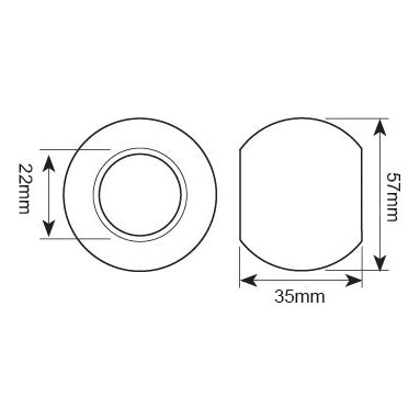 Technical diagram showing the dimensions of a cylindrical object: 22mm in height, front view diameter of 35mm, and side view height of 57mm. Suitable for Agripak S.1728 specifications and compatible with Sparex components, specifically the Lower Link Ball (Cat. 1/1) - S.4129 by Sparex.