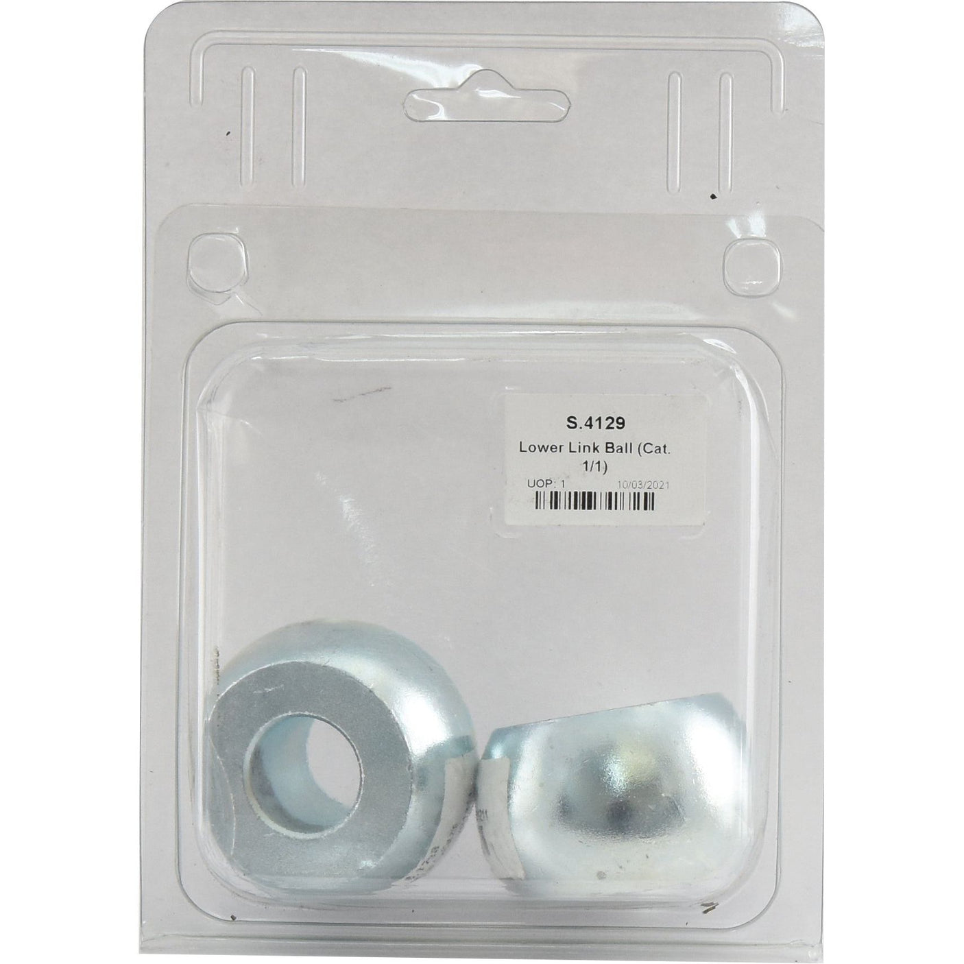 A retail package containing a pair of metal lower link balls labeled as "Lower Link Ball (Cat. 1/1) - S.4129" from the Sparex line. The package is clear plastic with a cardboard backing, hanging on a display hook.