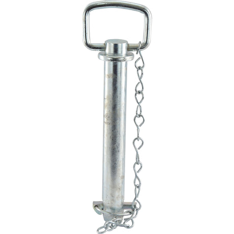 Close-up of the Hitch Pin with Chain & Linch Pin from Sparex, featuring a metallic clevis pin with a rectangular handle, cylindrical body, and an attached chain. The pin has an overall length of 233mm and a working length of 183mm. This product is identified as Sparex Part No.S.412 and measures 28.6mm by 183mm.