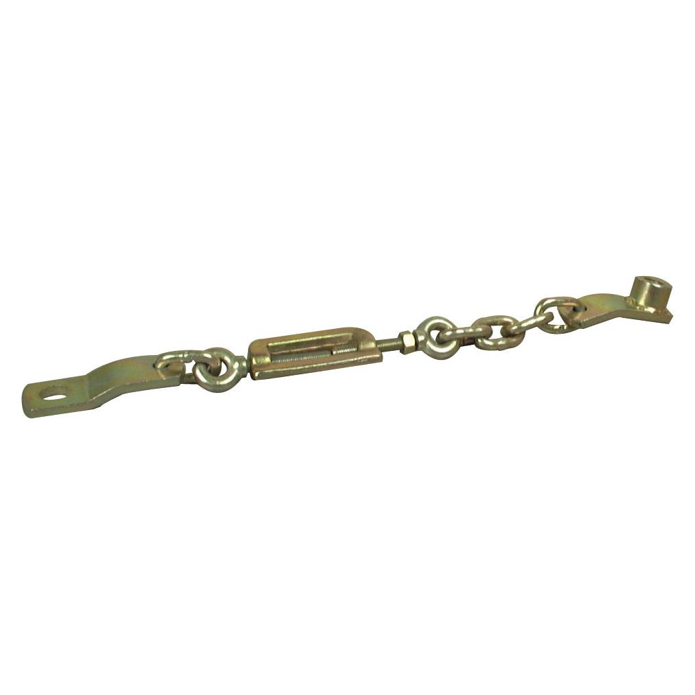 Introducing the Sparex Stabiliser Chain (Part No. S.41303), a robust solution featuring holes of Ø20.5mm and Ø22.5mm, with a minimum length of 560mm and equipped with a 1/2 UNF threaded mechanism for precise tension adjustments—perfect for Massey Ferguson applications.