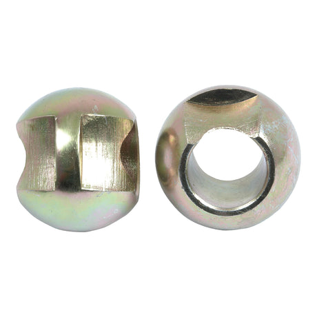 Two metallic, spherical objects with a hollow center and an indented section on one side, shown from different angles, resemble the Sparex Lower Link Ball (Cat. 2/2) - S.4130 components.