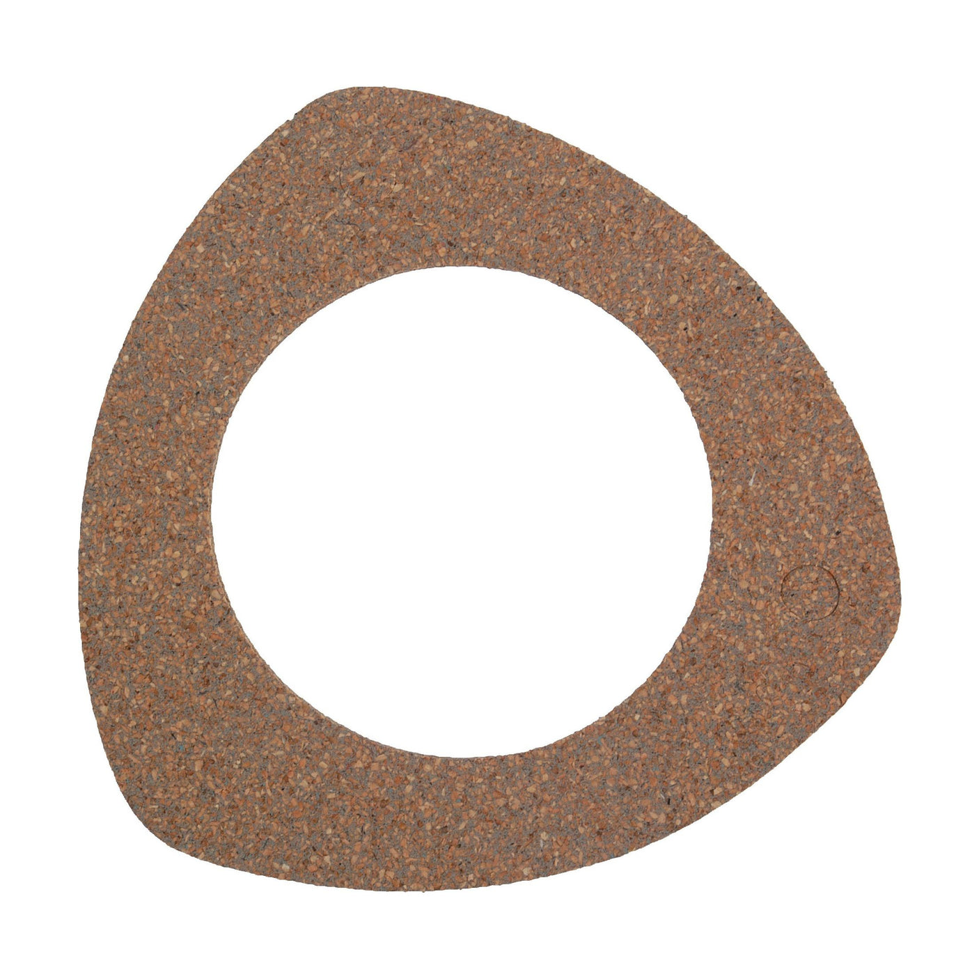 A tri-cornered brown cork coaster with a circular cutout in the center, reminiscent of the precision found in a Sparex Filter Gasket - Hydraulic (Sparex Part No. S.41315).