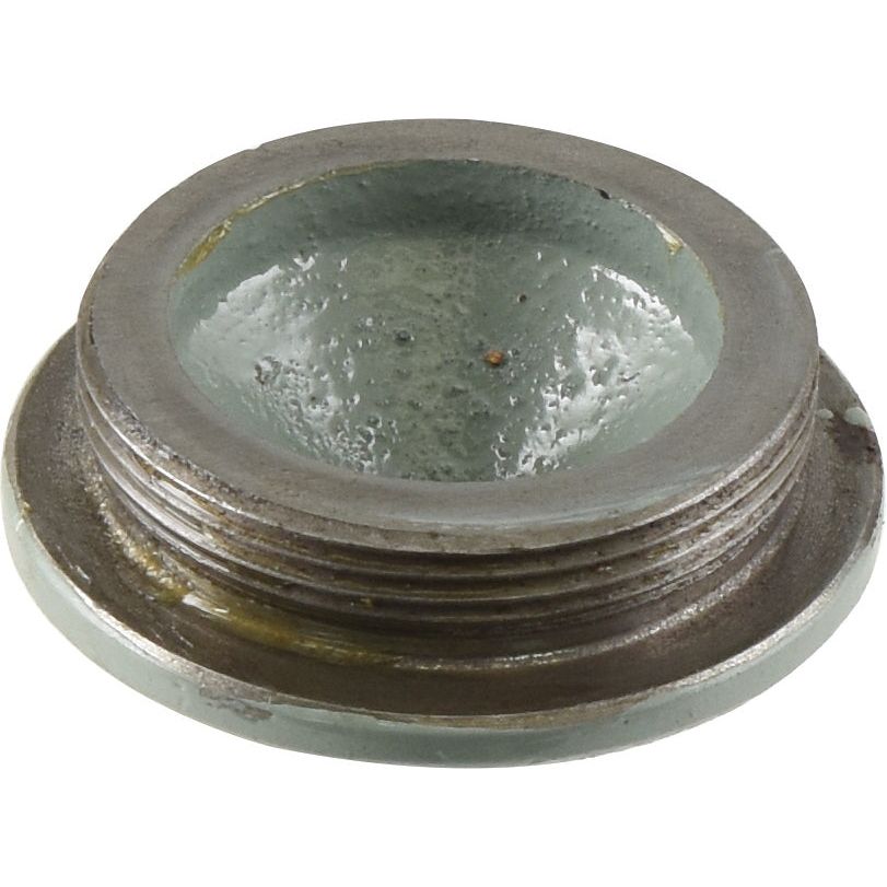 Close-up image of a Sparex Transmission Oil Cap, part number S.41318, with a recessed center. The metal threaded plug shows signs of wear and corrosion, possibly from a Ford / New Holland transmission oil cap.