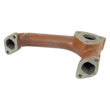 The Sparex Exhaust Manifold (Part No. S.41319), designed for Massey Ferguson equipment, is crafted from rust-colored metal and features four mounting points and a cylindrical shape extending outward at a 90° elbow.