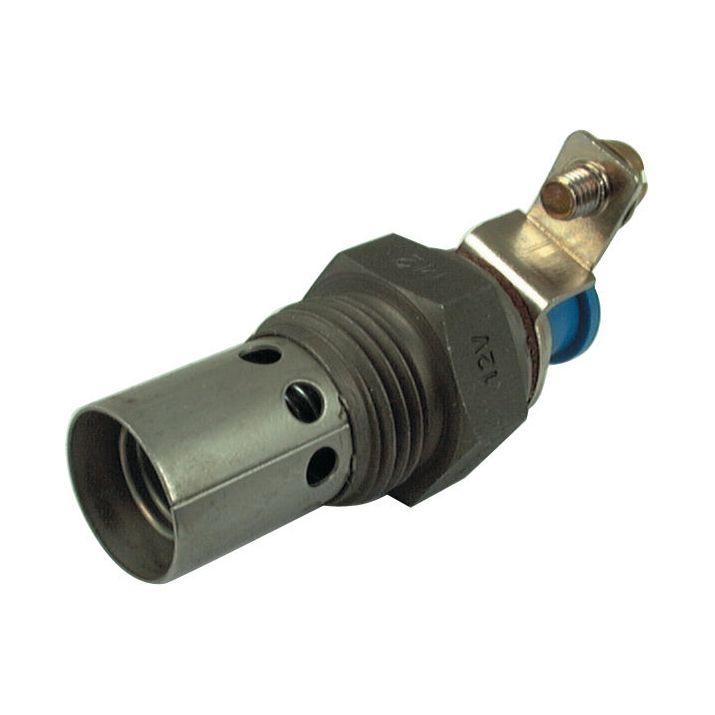 Introducing the Heater Plug - S.41322 from Sparex, a metal electrical component featuring a cylindrical body, a BSP thread in its middle section, and a connector equipped with a blue insulating sleeve.