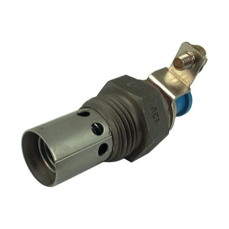 Introducing the Heater Plug - S.41322 from Sparex, a metal electrical component featuring a cylindrical body, a BSP thread in its middle section, and a connector equipped with a blue insulating sleeve.