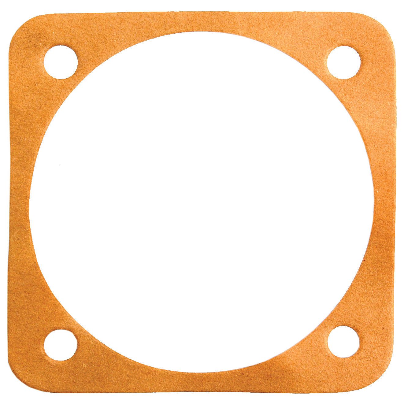 The Transmission Input Gasket (Sparex Part No. S.41332) by Sparex is a square, brown gasket designed for a Massey Ferguson gearbox input housing. It includes a large circular cutout in the center and four smaller circular holes at each corner.