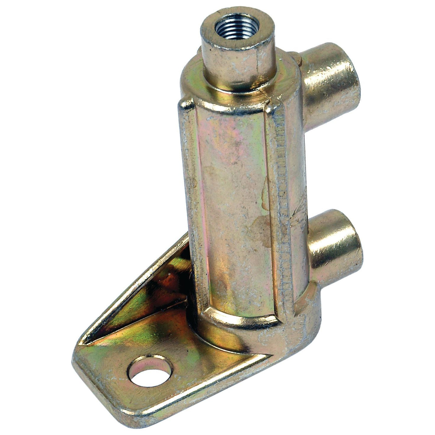 The Sparex Fuel Reservoir (S.41333) is a brass-colored metal valve featuring three cylindrical openings and a mounting bracket with a hole at the base, designed to be compatible with Perkins engines.