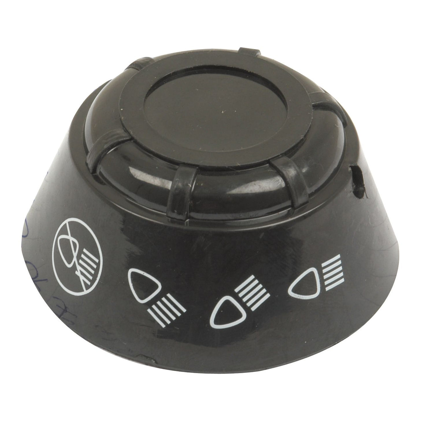 The black Head Light Switch Knob (Sparex Part No. S.41334) from Sparex features white symbols, including lines and triangles, and is commonly used for adjusting settings on electronic devices, akin to those found on Massey Ferguson tractors.