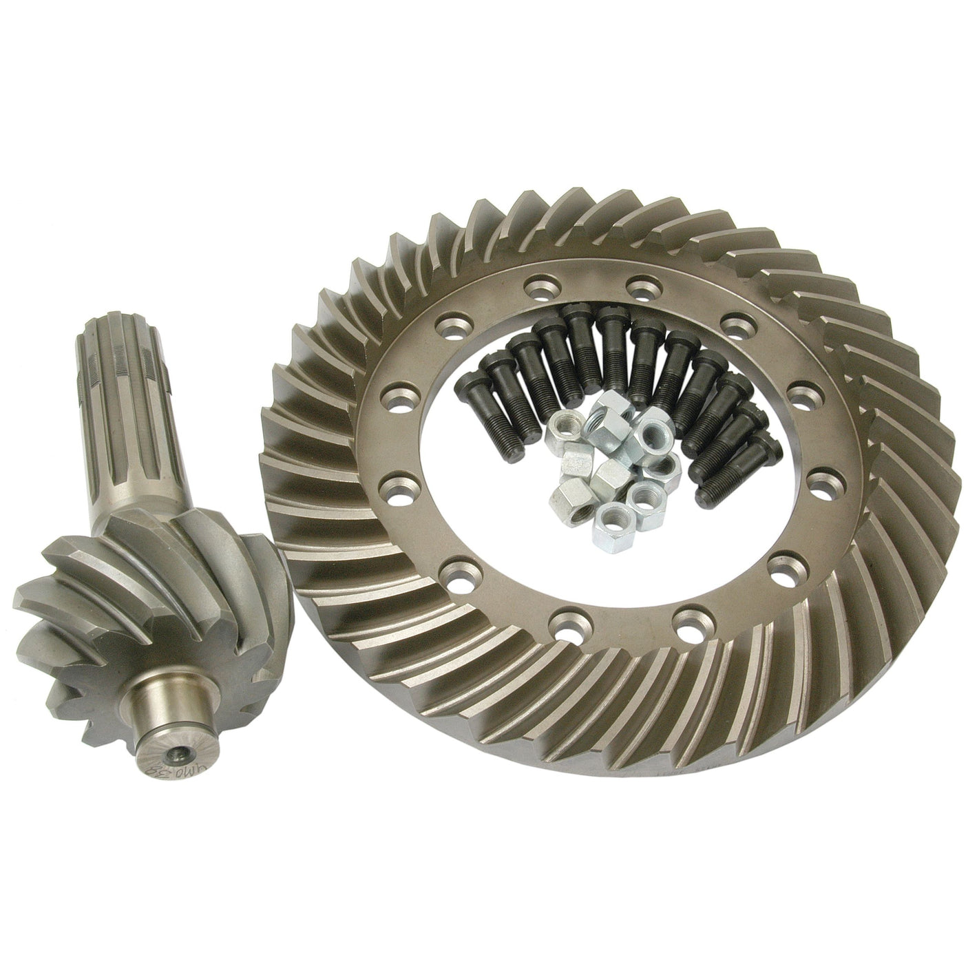 A Sparex Crown Wheel and Pinion gear set (Part No. S.41344) with bolts and nuts arranged on a white background, ideal for vehicles like the Massey Ferguson.