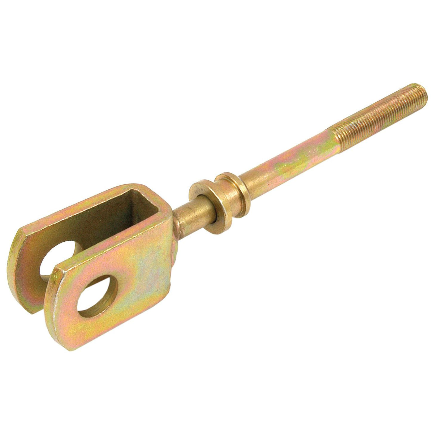 The Brake Rod (Sparex Part No. S.41353) from Sparex is a metal clevis rod featuring a threaded end and a U-shaped fork with two holes, ideal for use as a brake rod in Massey Ferguson wet brakes.