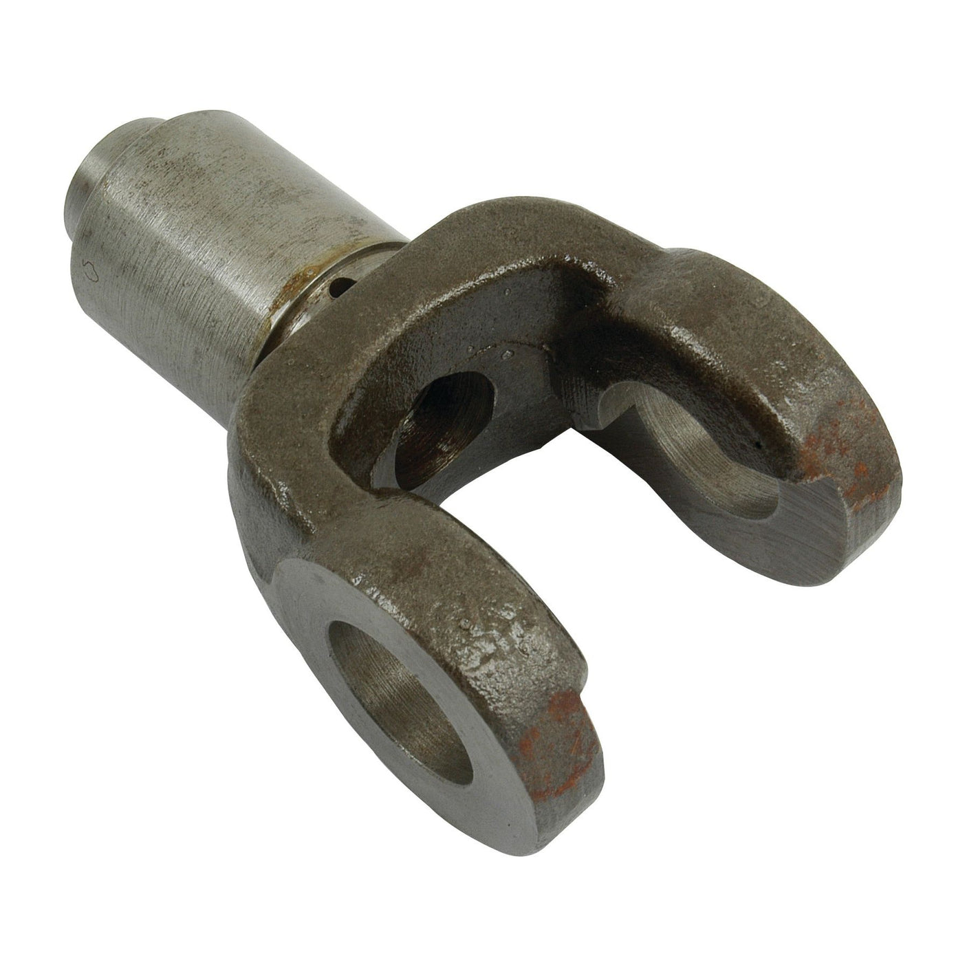 The Clevis (Sparex Part No. S.41365) by Sparex showcases a metal universal joint yoke with a cylindrical end and U-shaped bracket, featuring two circular holes and an industrial, weathered appearance that evokes the vintage aesthetic of Massey Ferguson clevis draft control mechanisms.