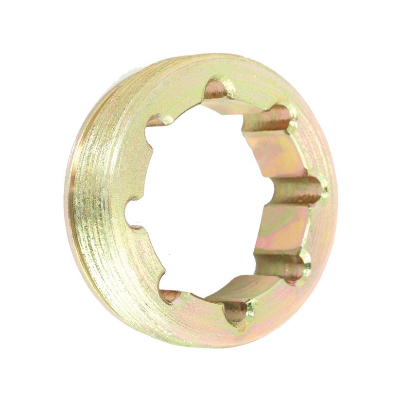 A metal ring-shaped tool with several indentations around the inner edge, likely used for mechanical purposes or as a locking mechanism, is similar to the Draft Control Nut (Sparex Part No. S.41369) found on Massey Ferguson machinery by Sparex.