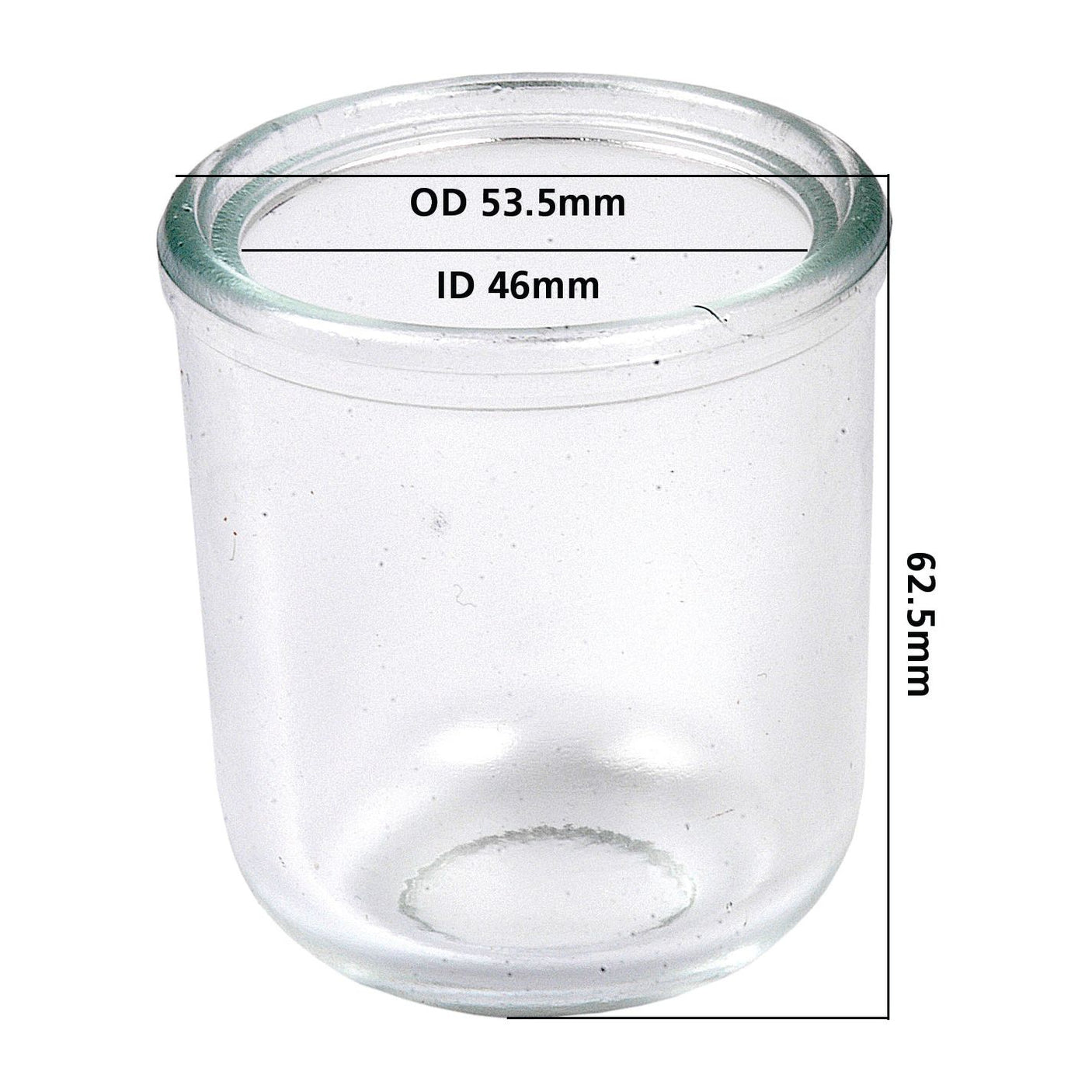 A transparent cylindrical Glass Fuel Bowl, known as Sparex Part No. S.41390, with dimensions: 53.5mm outer diameter, 46mm inner diameter, and 62.5mm height by the brand Sparex.