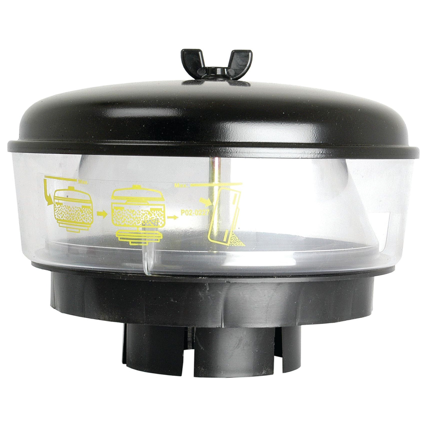 The Sparex Pre Cleaner - Universal - S.41396 is a round plastic air filter housing, featuring black and transparent parts with yellow illustrated instructions on the side. It has an upper lid that can be locked in place to help extend engine life.