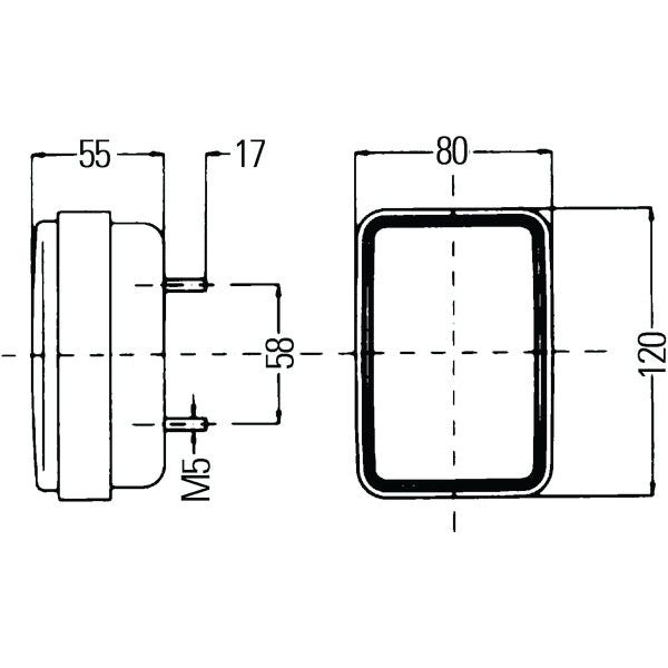 Technical drawing of the Sparex Rear Combination Light (Halogen) with dimensions: 80mm width, 120mm height. Side view shows 55mm depth, a 17mm recessed front, and an M5 bolt protruding 58mm from the back. The light provides three functions: Brake, Tail, and Indicator for both RH & LH at 12V - S.41400.
