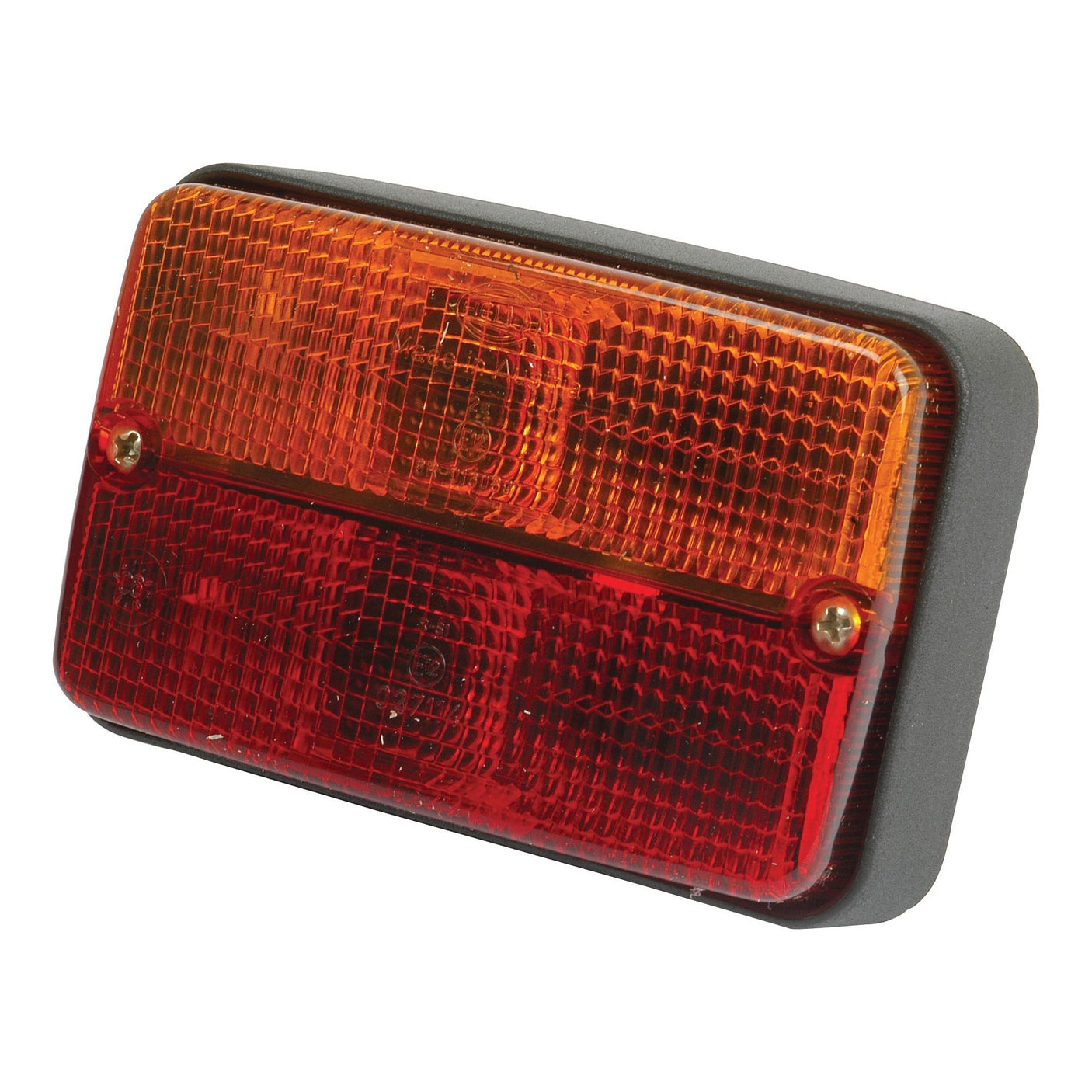 Introducing the Sparex Rear Combination Light (Halogen), featuring amber and red polycarbonate lenses, for brake, tail, and indicator functions on both RH & LH sides. This 12V light model S.41400 includes mounting screws on a black plastic base.