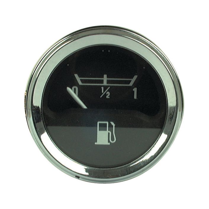 A Sparex Fuel Gauge - 12V (Part No. S.41406), featuring an analog display within a circular chrome frame, designed for the Massey Ferguson 135 with a 46mm fitting and equipped with 12V spade connectors, showing an empty fuel level.