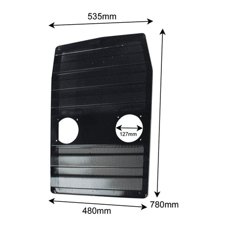 The Front Grille (Sparex Part No. S.41441) from Sparex is a rectangular black metal sheet measuring 535mm x 780mm. It includes two circular cutouts, each with a diameter of 127mm, and has an additional width of 480mm at one end. Designed for optimal performance with Massey Ferguson equipment, this versatile grille component ensures reliability and efficiency.