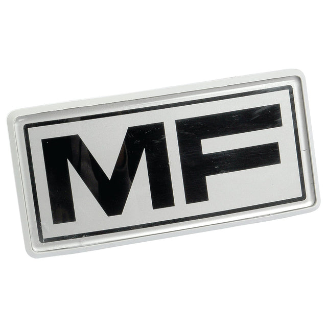 A rectangular badge featuring the bold black capital letters "MF" on a silver background, similar to the classic Massey Ferguson plastic emblem, is available as the Emblem for Massey Ferguson by Sparex, Part No. S.41443.