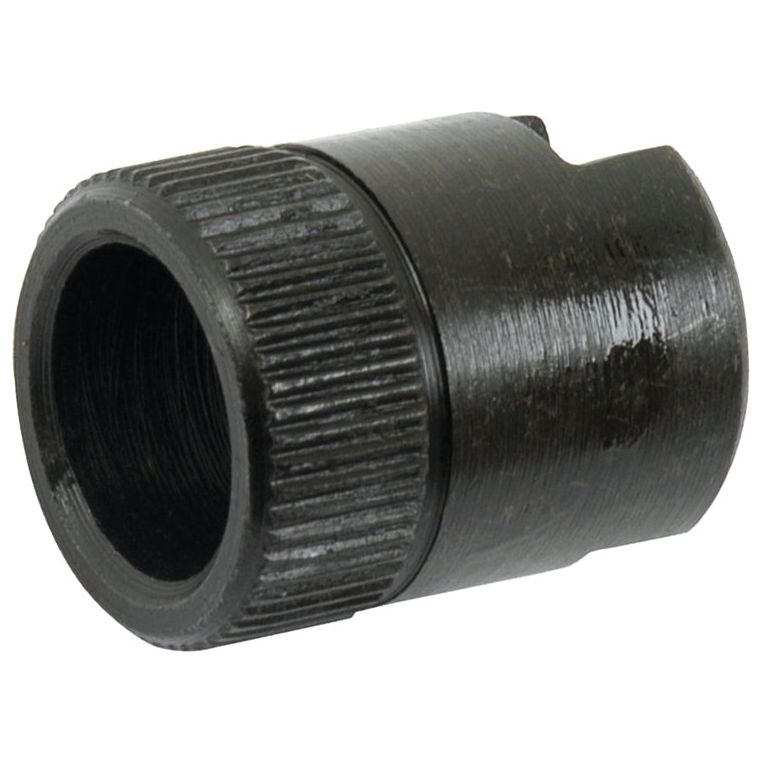 Close-up of a Sparex Bush (Sparex Part No. S.41481), a black, cylindrical, threaded metal adapter with a ridged outer surface, perfect for use in Massey Ferguson machinery.