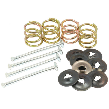 This image displays four metal springs, four flat-head bolts, and ten circular metal washers with central holes, making them ideal for a Massey Ferguson suitable Brake Pin Kit. Specifically, it showcases the Sparex Brake Pin Kit | Sparex Part No.S.41483, which ensures compatibility with Ford/New Holland suitable applications.