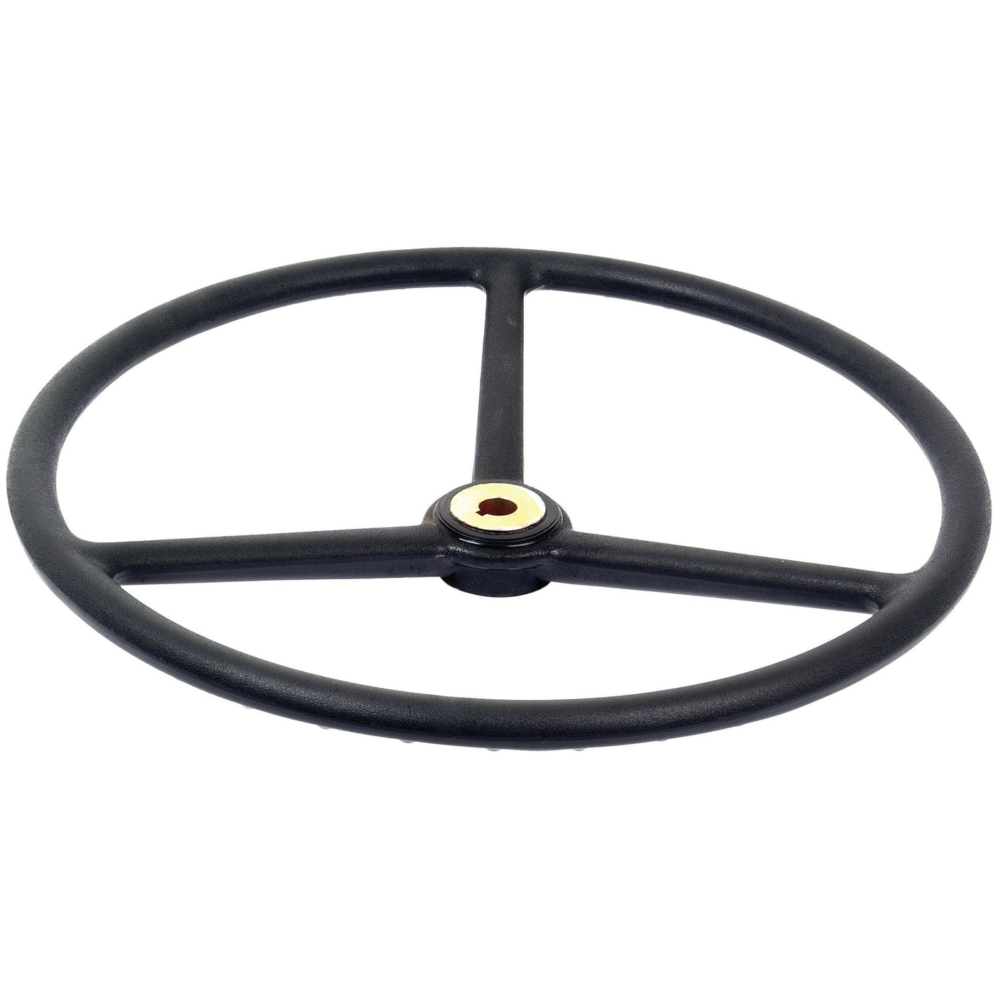 The Sparex Steering Wheel 455mm with Keyway (Part No. S.41486) is a black plastic and metal handwheel featuring three spokes and a central mounting hub, ideal for vintage Massey Ferguson models.