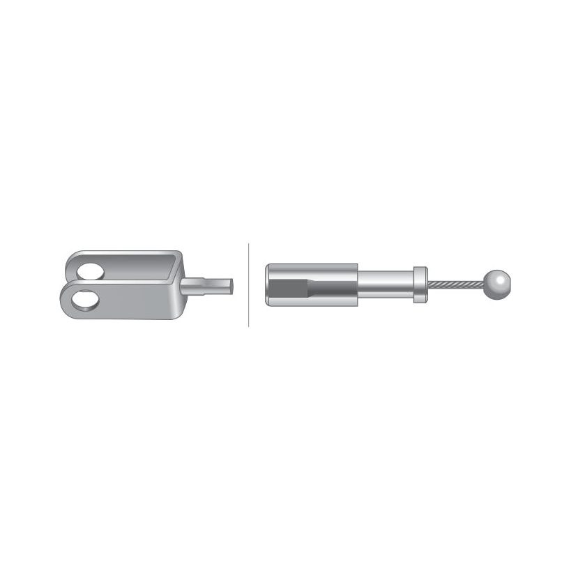 A digital rendering showing two components of a mechanical connector. One side has two holes while the other features a cylindrical part, resembling the Sparex Hand Throttle Cable (Part No. S.41497), which has an outer cable length of 1030mm and a total length of 1125mm, with the cable ending in a ball.