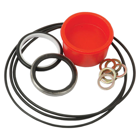 Red container next to black and gray rubber rings and several metal washers from a Sparex Orbital Motor Seal Kit (Sparex Part No.S.41499) arranged on a white surface.