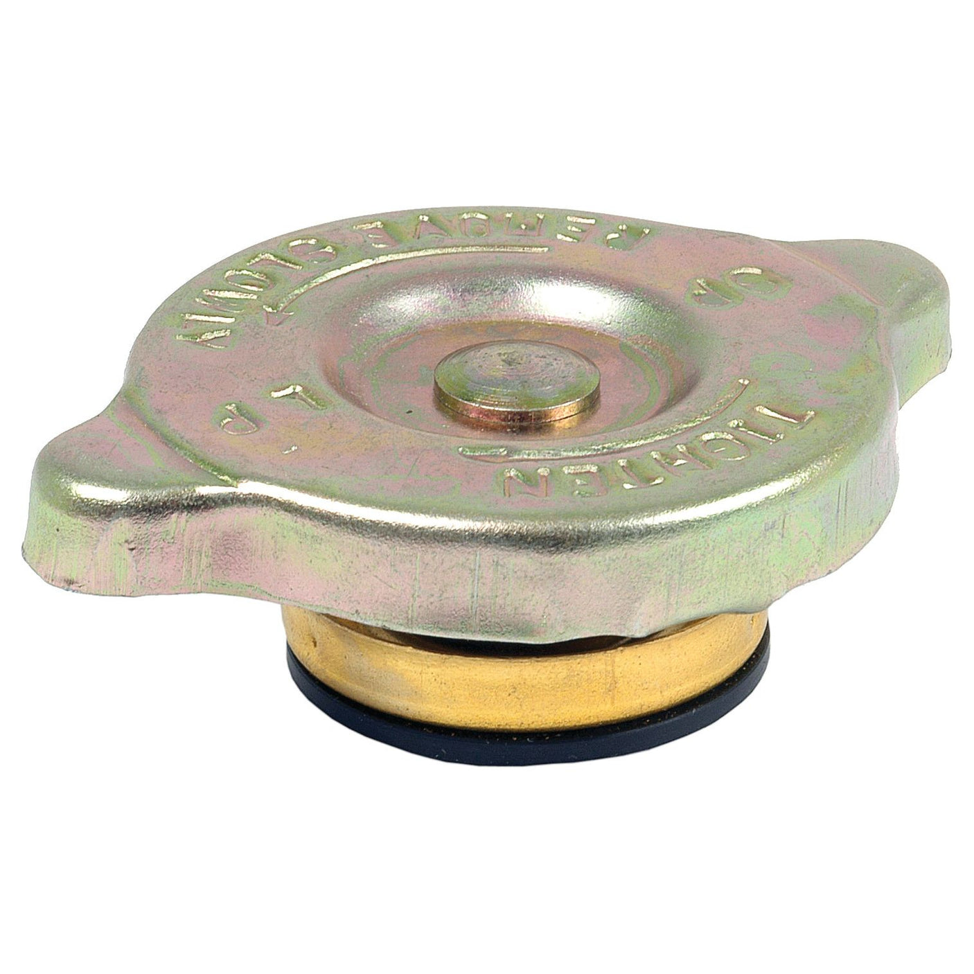 The Radiator Cap - S.41517 by Sparex is a round metallic cover featuring embossed text and two gripping tabs on opposite sides, engineered to maintain 10psi pressure for durability and reliability.