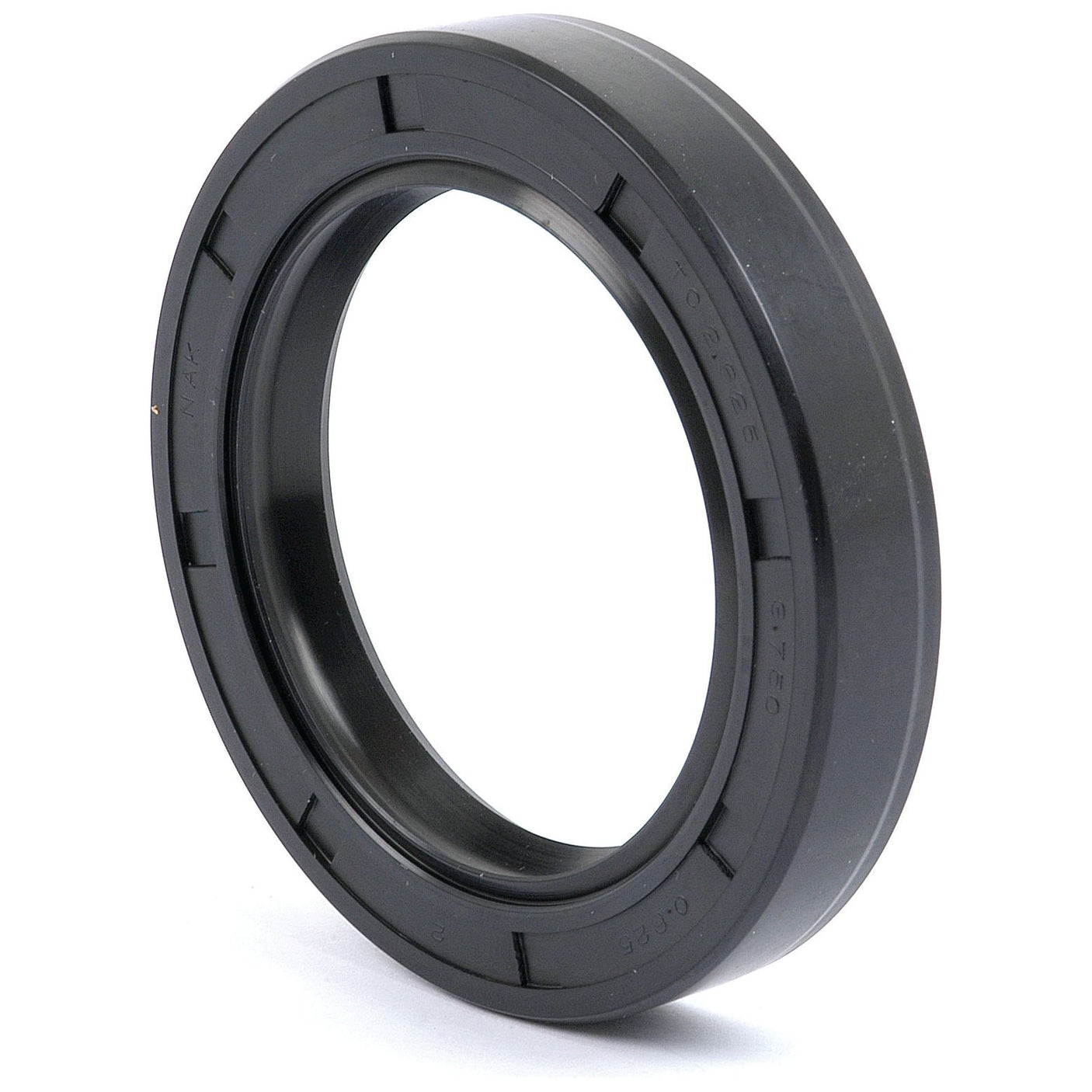 Close-up of a black circular oil seal with a groove on the outer edge, used for sealing machinery components. This Sparex Imperial Rotary Shaft Seal (2 5/8'' x 3 3/4'' x 5/8'') Double Lip | Sparex Part No.S.41548 ensures optimal performance in Massey Ferguson equipment.