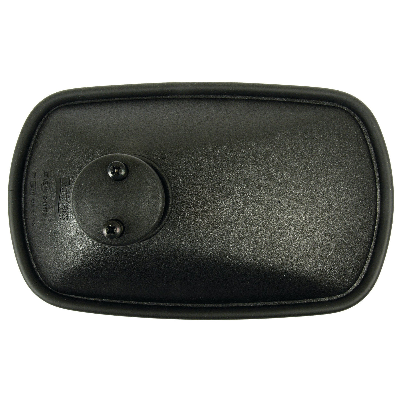 A rectangular black plastic object, identified as the back side of a Mirror Head - Rectangular, Convex (model S.4155) by Sparex, featuring two visible screws and a circular protrusion in the center.