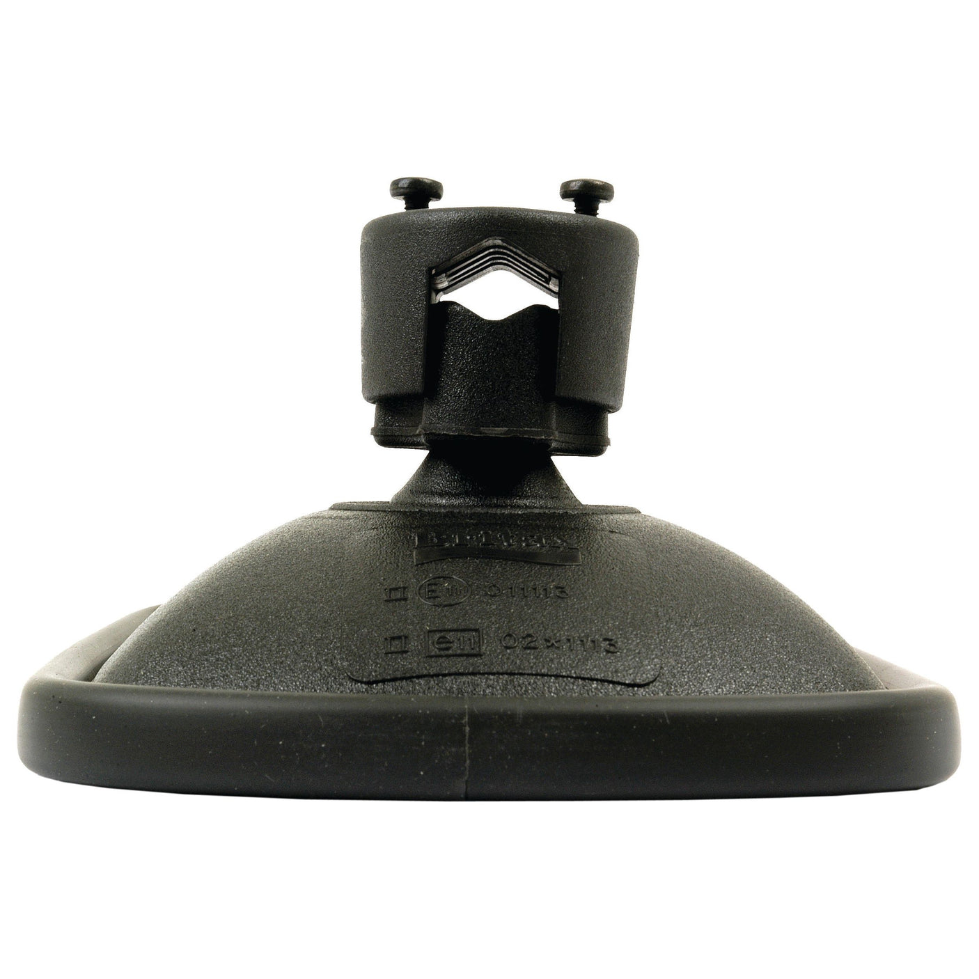 A close-up image of a black plastic mounting bracket with two screws on top and a rounded base, designed to securely hold the Sparex Mirror Head - Rectangular, Convex, 263 x 160mm, RH & LH - S.4155 in place.