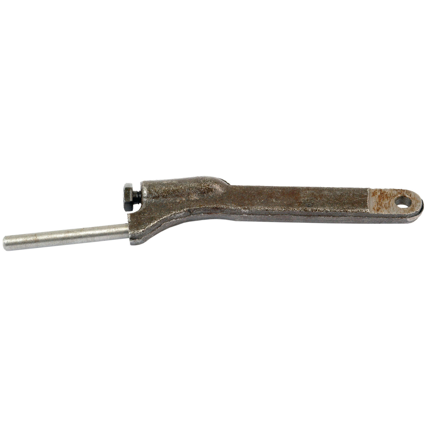 The Draft Control Rod (Sparex Part No. S.41560) by Sparex features a metallic lever with a straight cylindrical rod extending from one end and a hole for attaching on the other. This lever, designed for compatibility with Draft Control systems, has a weathered appearance and some rust.