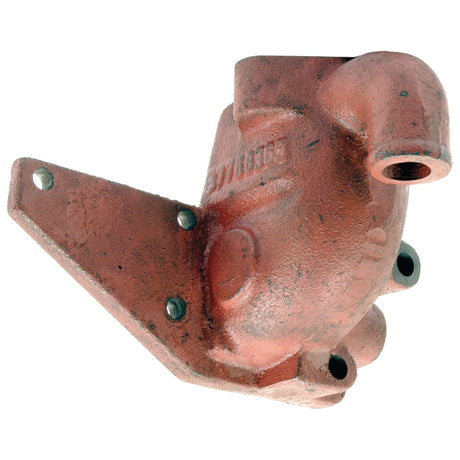 A rust-colored metal thermostat housing, Sparex Part No. S.41569, features a flange and several mounting holes, making it perfect for use in Massey Ferguson or Perkins machinery.