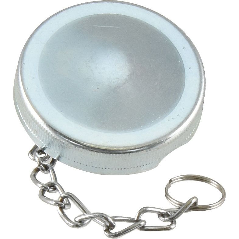 A round metal object with a magnifying glass on top, attached to a short chain with a keyring, reminiscent of an antique Sparex Engine Oil Cap (Part No. S.41571).