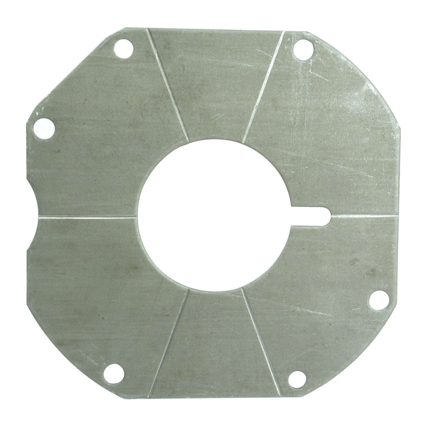 Shim Plate (Sparex Part No. S.41575), a metal plate featuring a central circular cutout and several screw holes around the edges, perfectly suited for Massey Ferguson machinery or as a Plate Shim. This is an ideal replacement part from Sparex.