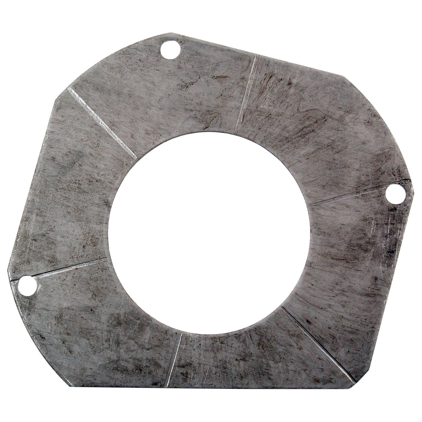 The Thrust Washer (Sparex Part No. S.41576) from Sparex is metal with a central circular hole and three smaller holes along the outer edge, ideal for use in a Massey Ferguson reduction unit. It features a distinctive hexagonal shape.