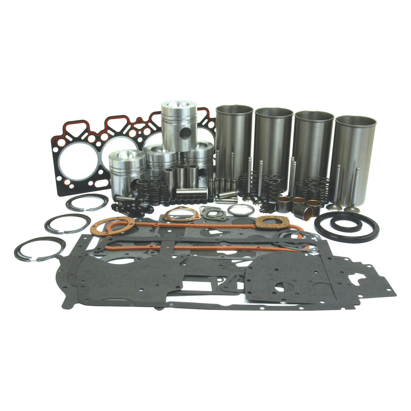 An Engine Overhaul Kit with Valve Train (Finished) - S.41581 by Sparex, featuring components such as piston rings, gaskets, cylinder sleeves, and seals for the Perkins Engine Model A4.248, is displayed on a white background.