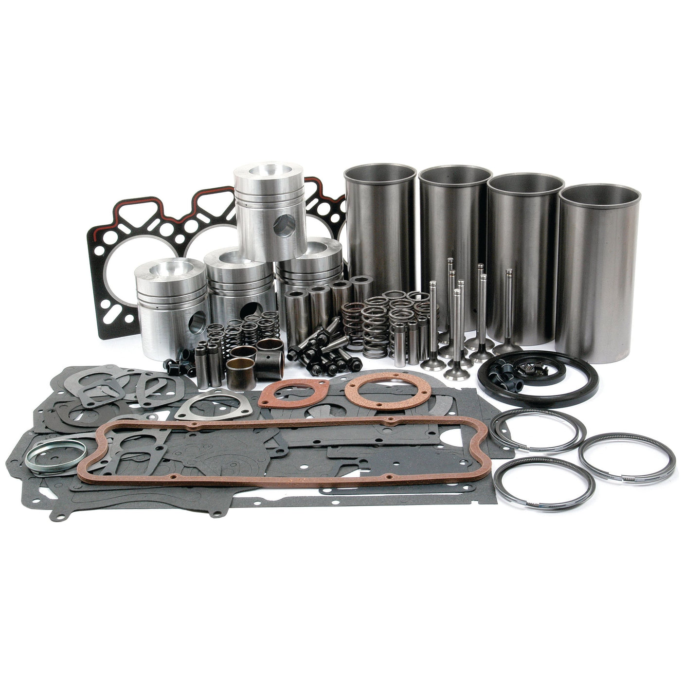 An organized collection of automotive engine parts, including gaskets, pistons, valves, and cylinders. Perfect for Perkins A4.248 enthusiasts seeking the comprehensive "Engine Overhaul Kit with Valve Train (Semi Finished) - S.41582" by Sparex.